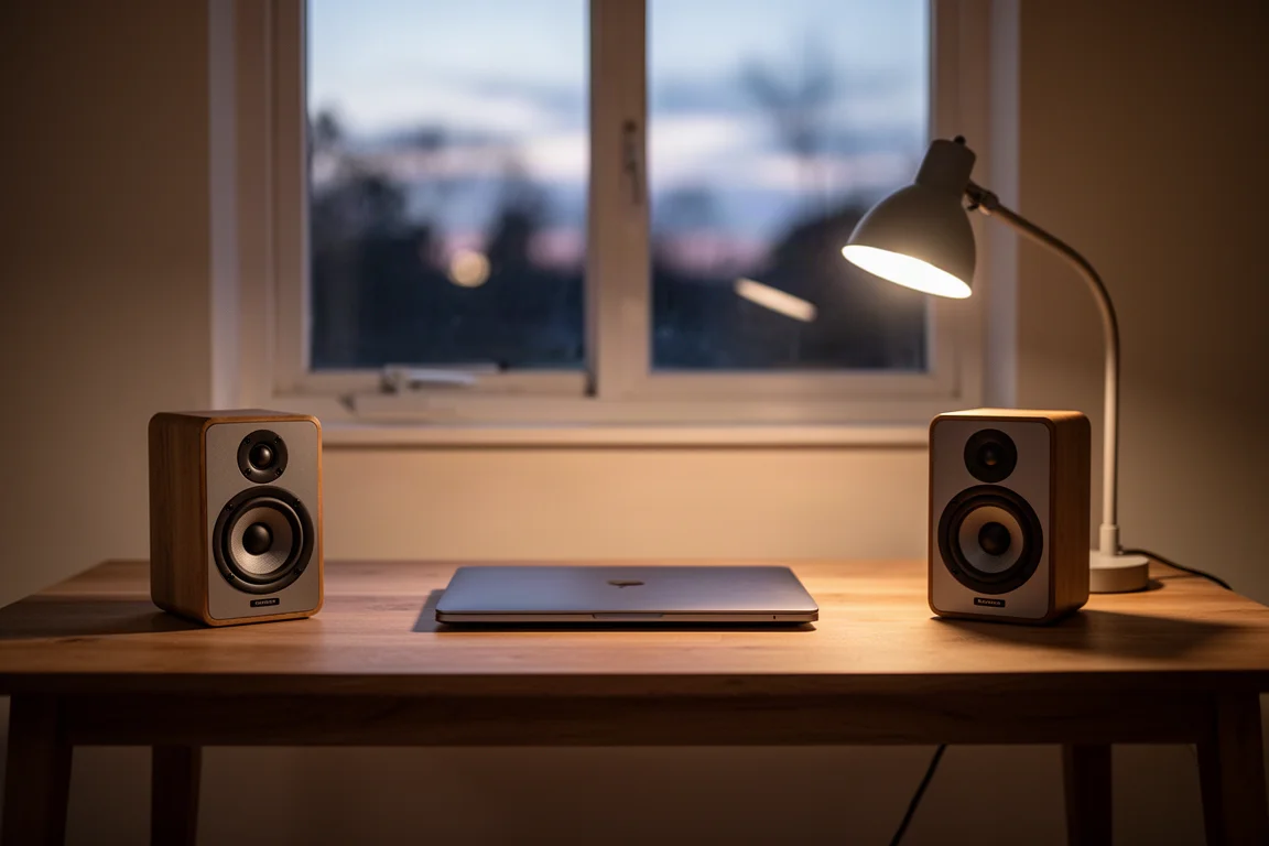 Escritorio compacto de escucha al anochecer con altavoces pequeños, un portátil cerrado y una lámpara de escritorio cálida