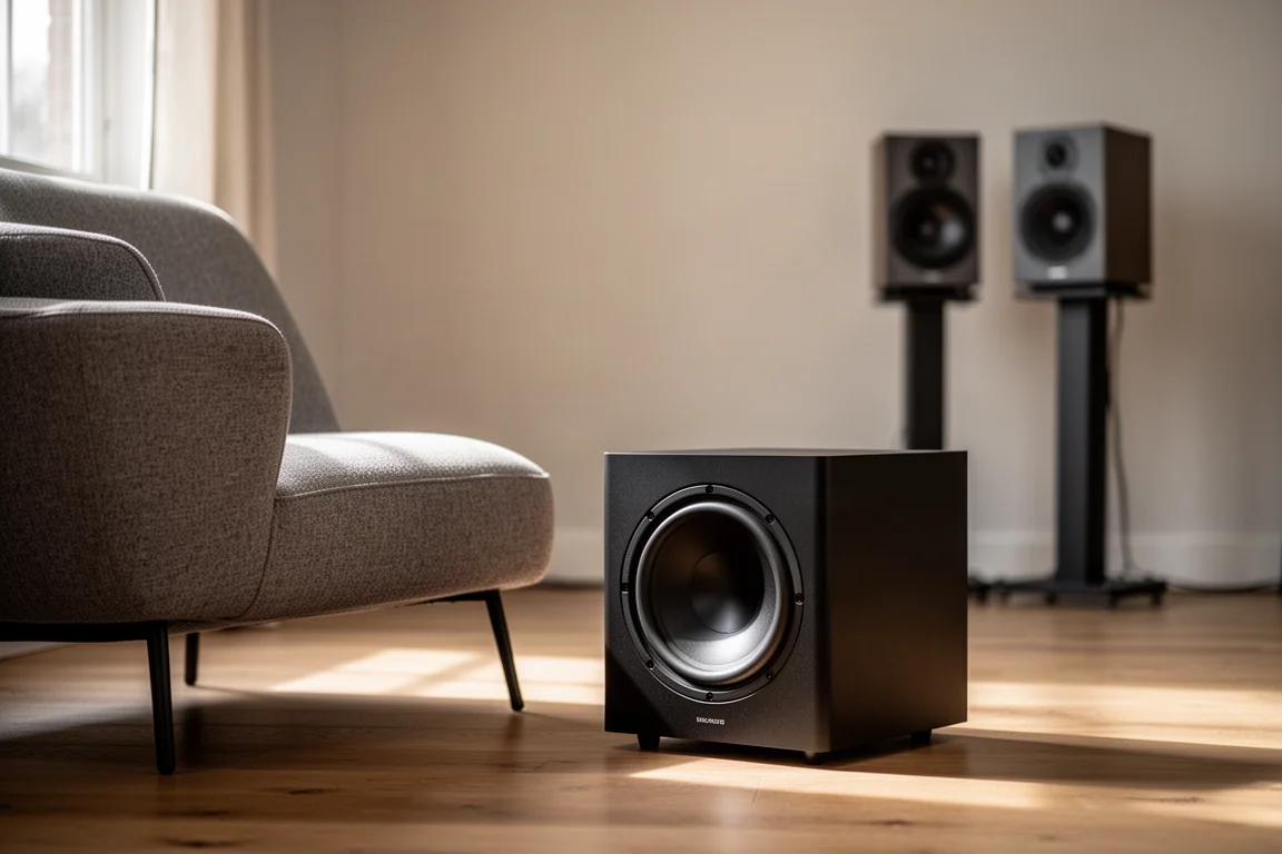 Subwoofer pequeño mate negro sobre suelo de madera junto a una silla de escucha baja