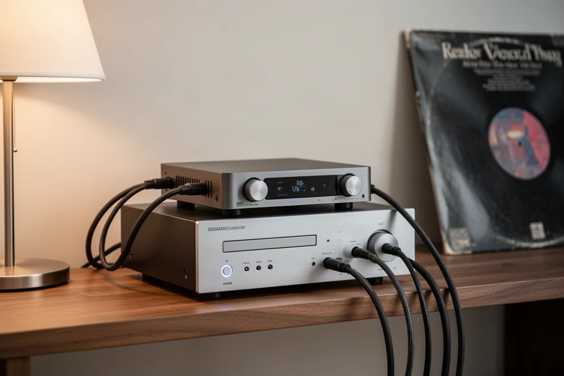 Amplificador compacto y pila de DAC en un estante de madera con cables ordenados