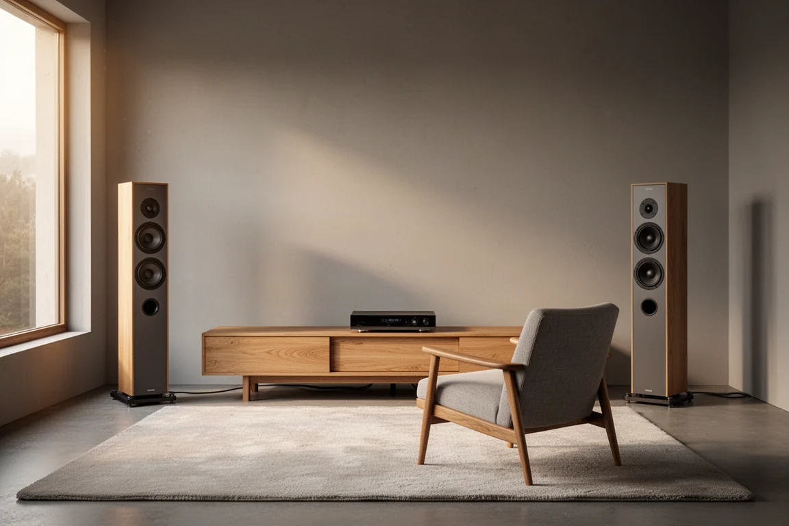 Minimalistische luisterruimte met twee hoge vloerstaande luidsprekers tegenover één fauteuil
