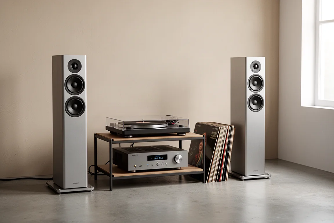 Stereopaar vloerstaande luidsprekers aan weerszijden van een hifi-rek met vinylplaten