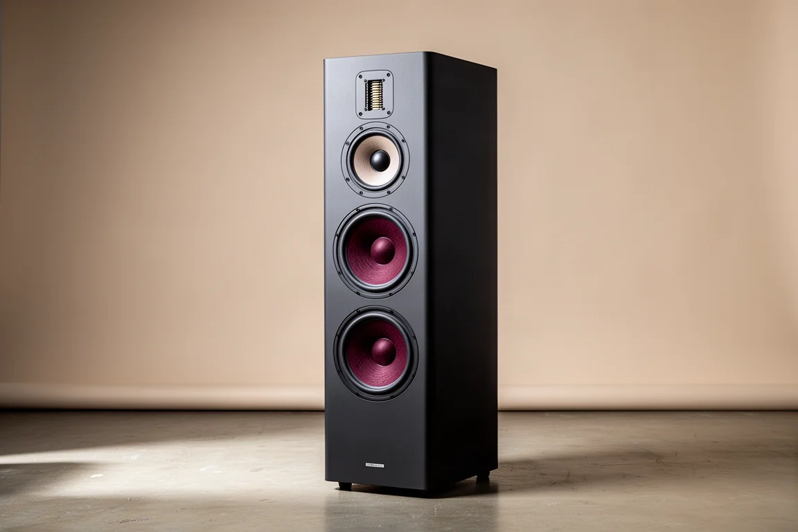 Tall floorstanding speaker with dual tweeters and two burgundy woofers on a neutral backdrop