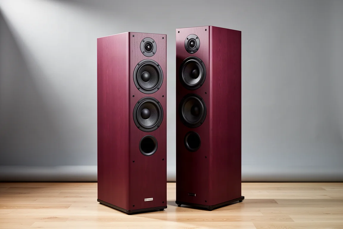 Pair of walnut floorstanding loudspeakers with curved baffles on a neutral grey backdrop