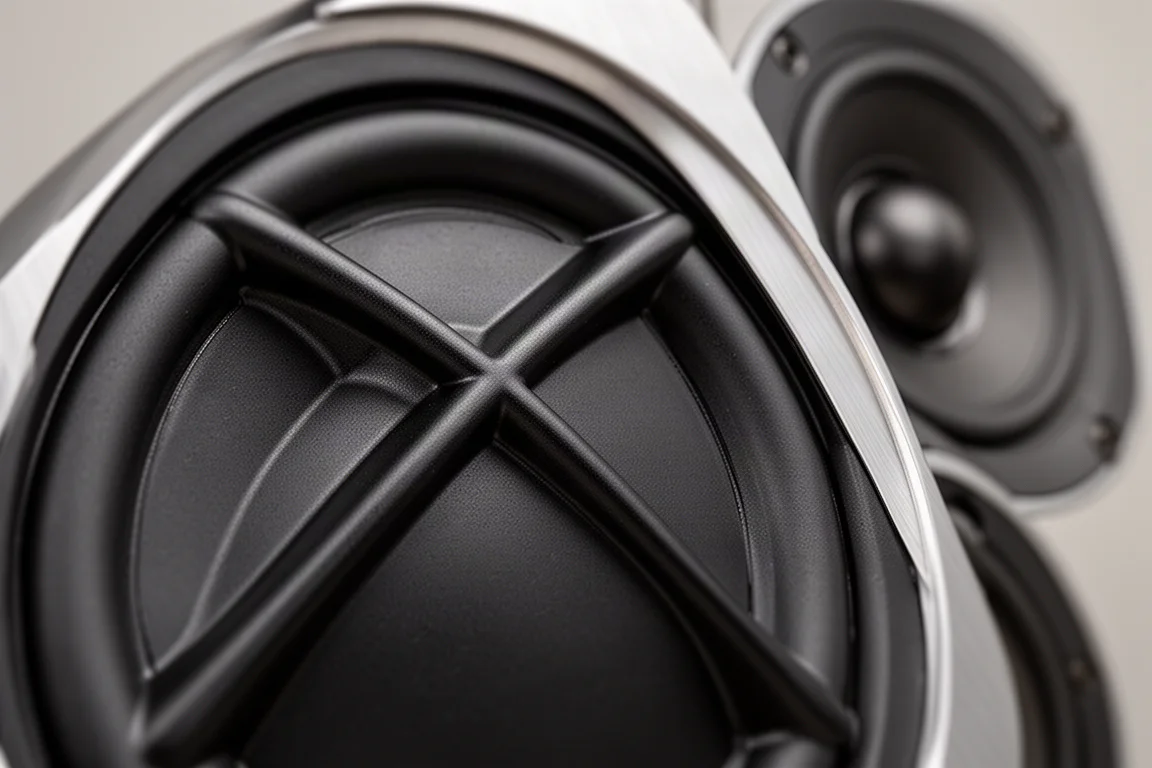 Detalle macro de un cono de altavoz con nervaduras sobre una placa frontal de metal cepillado
