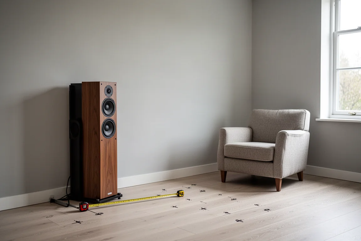 Altavoz de columna cerca de una pared con marcas de distancia en una sala de escucha
