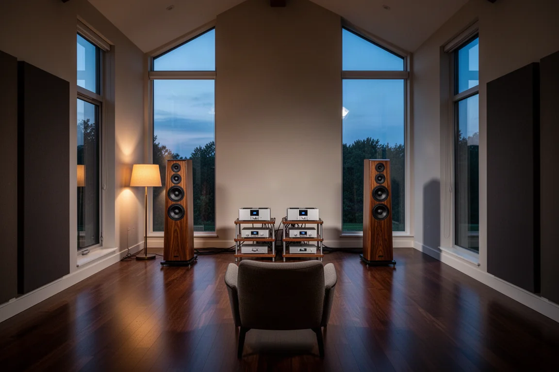 Sala de escucha grande al atardecer con dos altavoces y etapas monofónicas