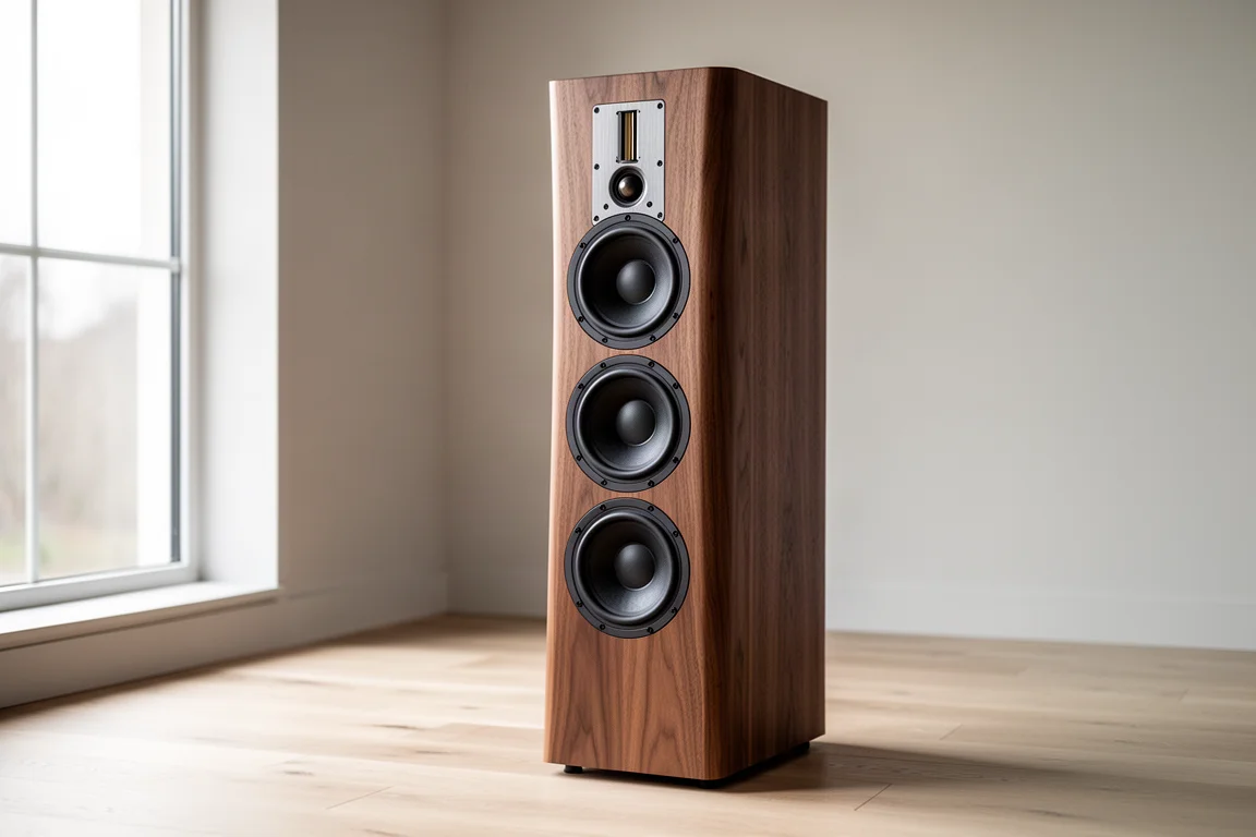 Walnut-veneer floorstanding loudspeaker with three woofers in a bright listening room