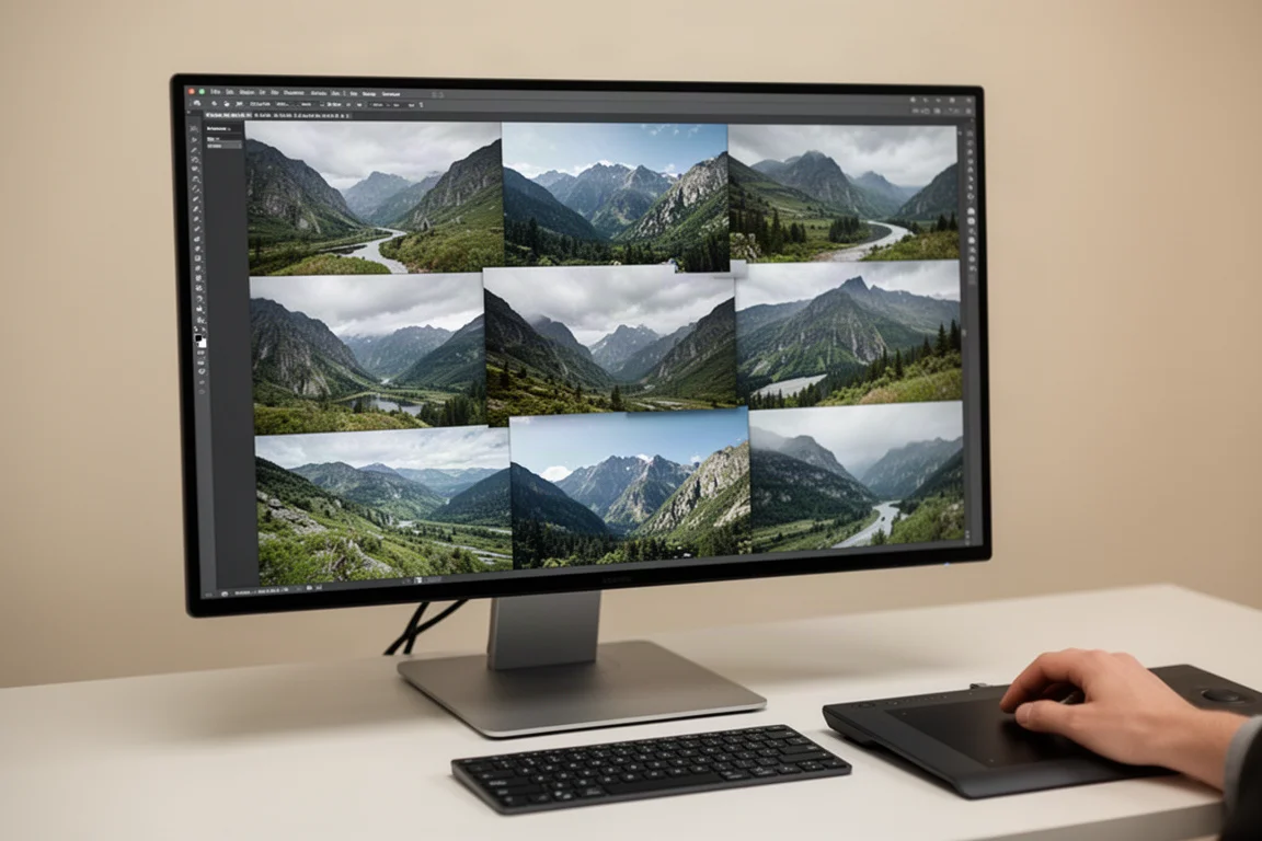 Photoshop 畫布上顯示一張拼貼圖像,正在填補空缺處