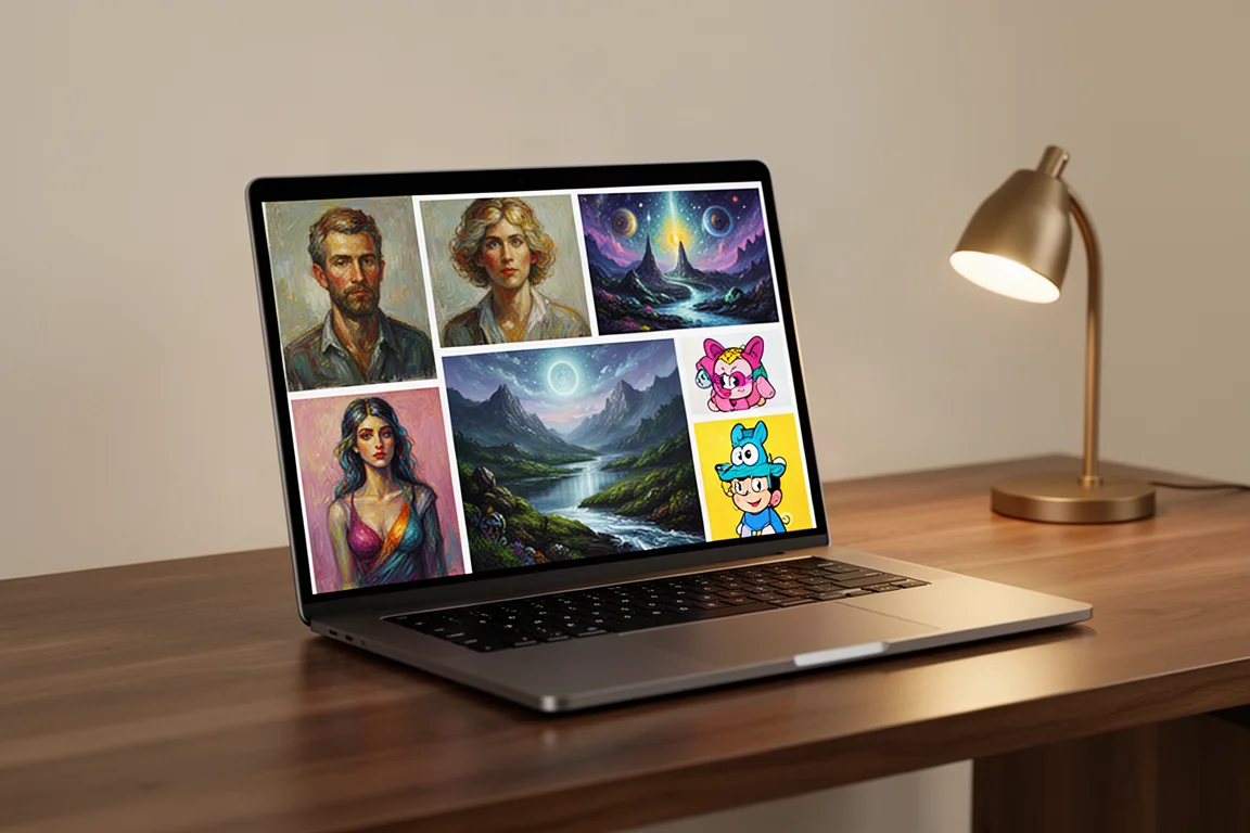Laptop na drewnianym biurku wyświetlający kolorową galerię cyfrowych dzieł sztuki