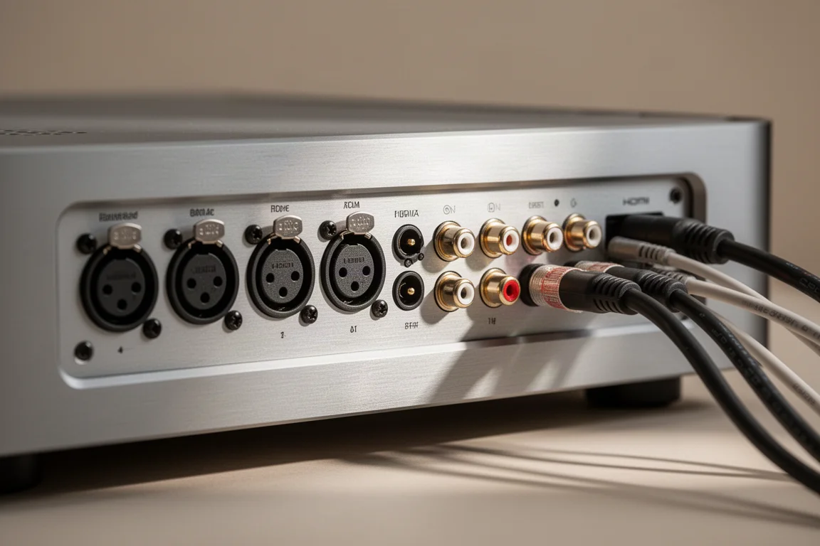 擴音機背板細節,顯示已接上線材的 XLR、RCA 及 HDMI 接頭