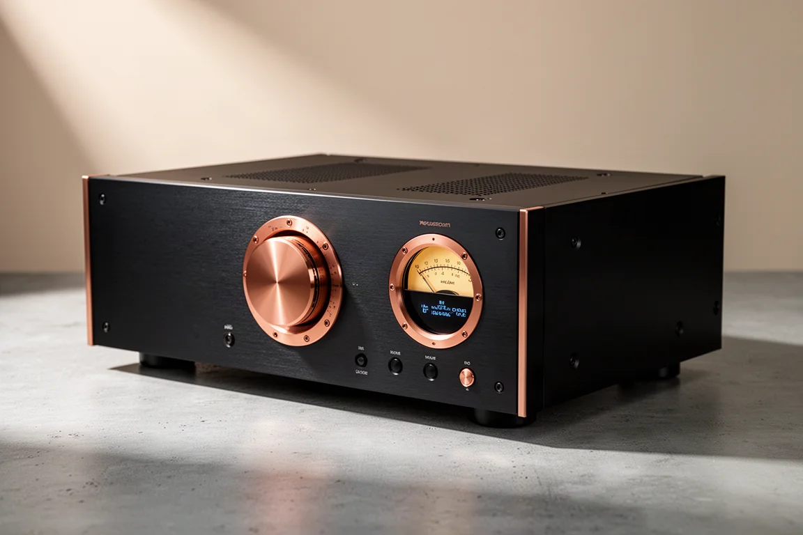 High-end integrated amplifier with copper accents and porthole LCD meter on a concrete surface