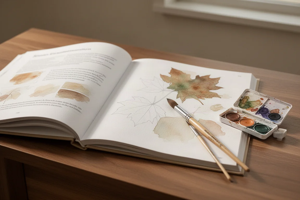 Livre d'aquarelle ouvert sur un bureau en bois avec un pinceau et une petite palette