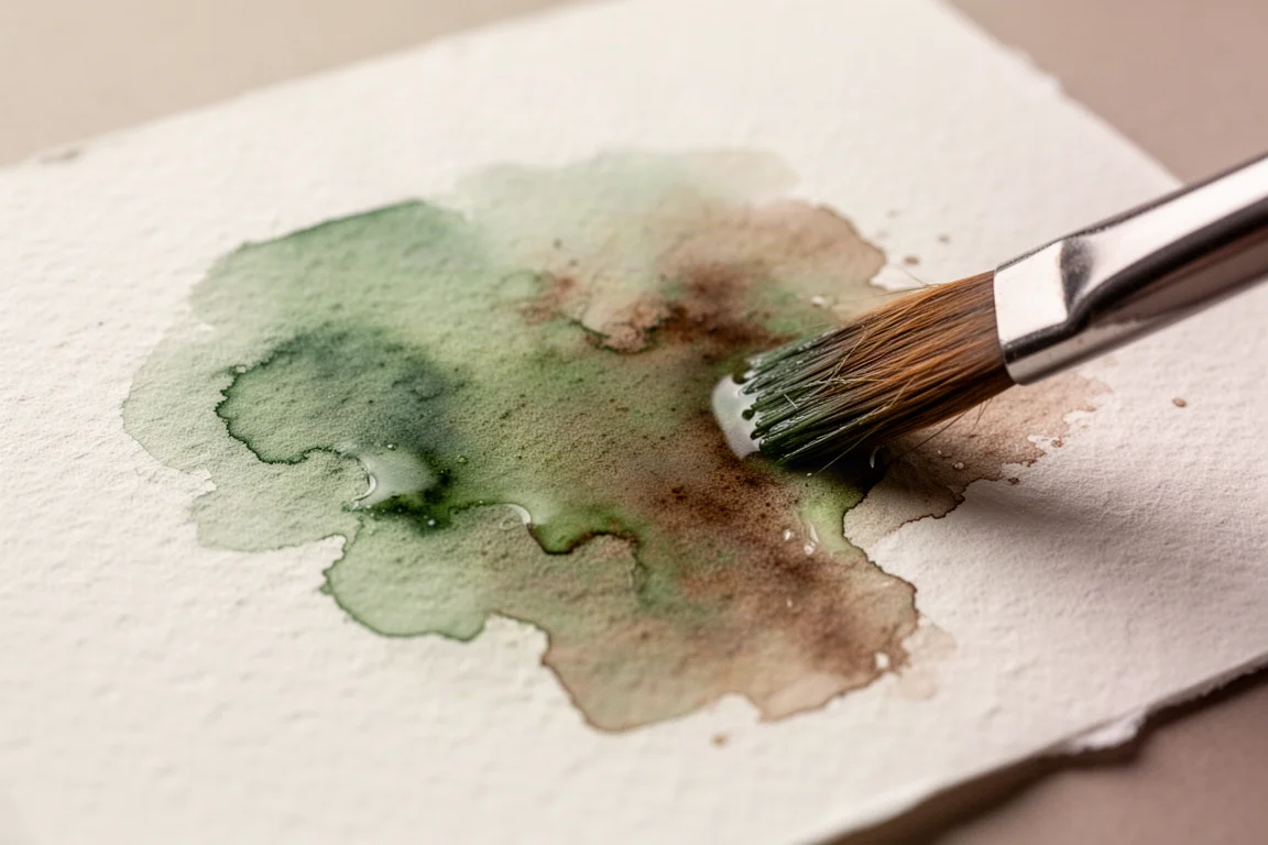 Gros plan sur la texture du papier aquarelle avec de doux flottements de pigment