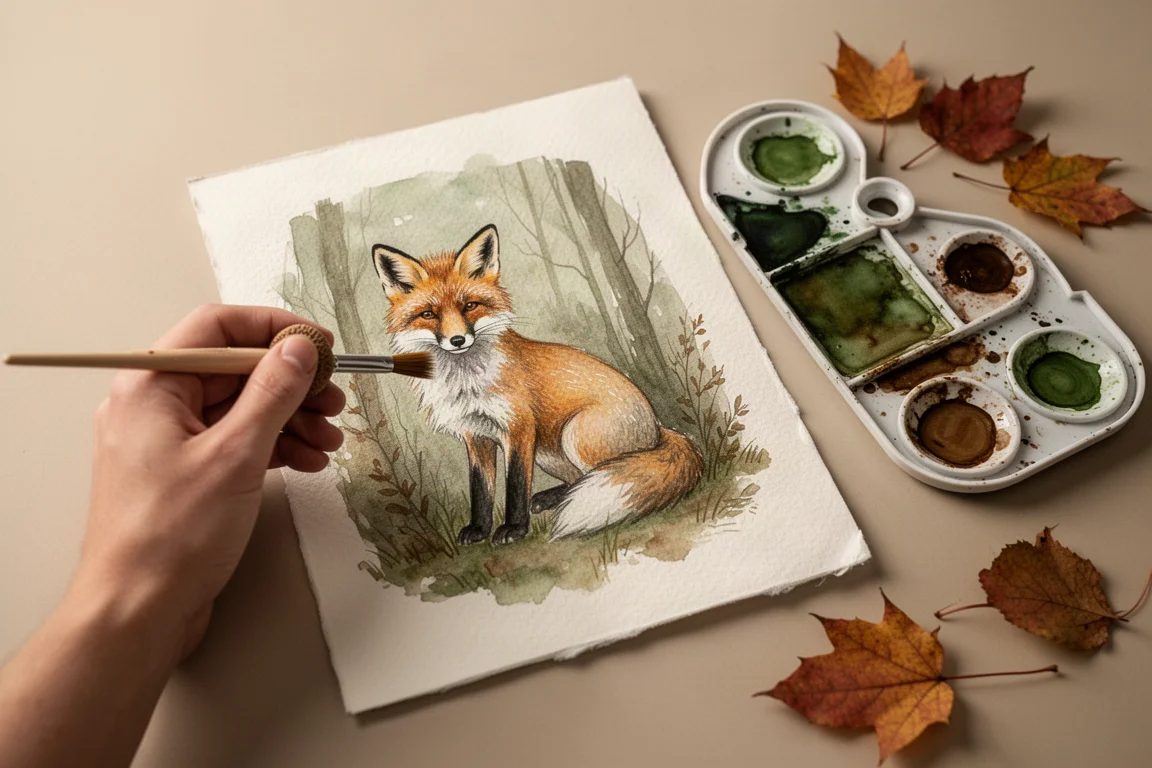 Main peignant une petite illustration d'animal forestier au pinceau fin