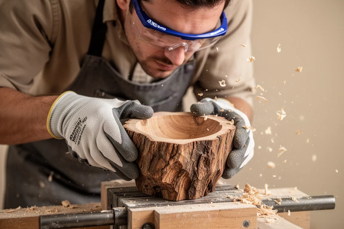 Hände bearbeiten einen Holzschalen-Rohling mit einer Scheibe mit Hartmetallspitzen