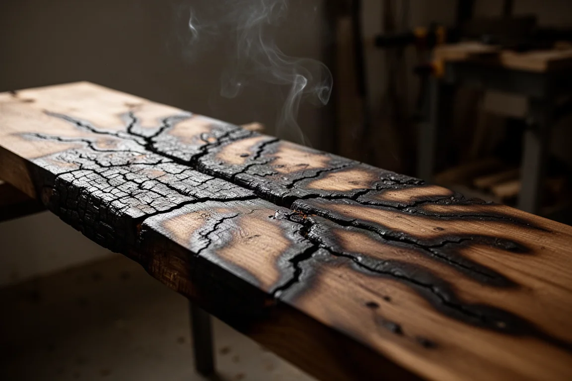 Fractal-Burn-Spuren, die bei gedämpftem Licht schwach auf einem Holzbrett glühen
