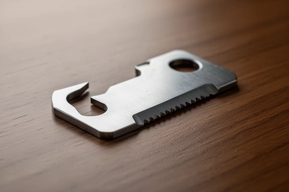 Gros plan sur une plaque multi-tool en acier inoxydable avec un crochet tranchant sur un bureau en bois