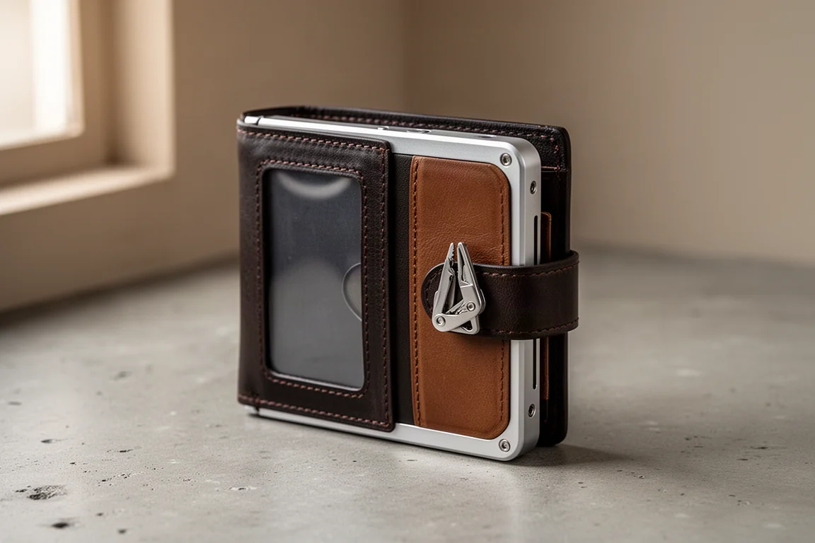Portefeuille bifold épais en cuir et métal avec un petit outil fermoir en acier glissé dans une sangle