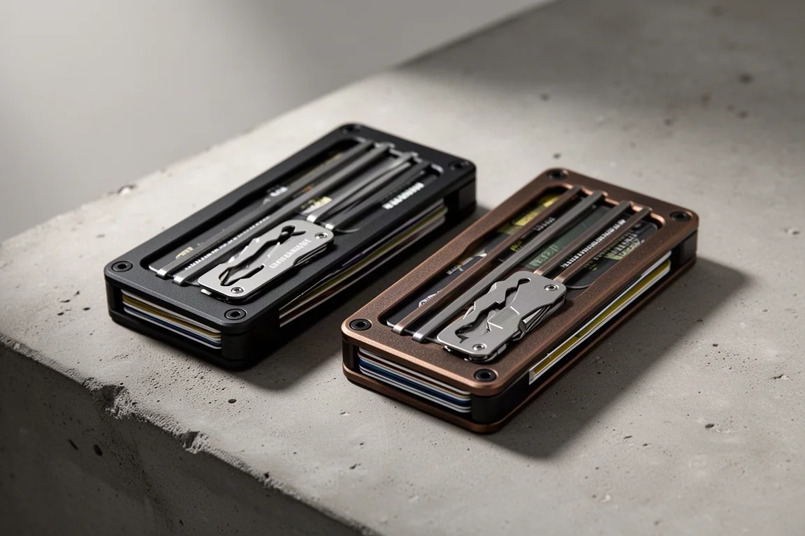 Versioni burnt bronze e blackout di un portafoglio metallico robusto su una superficie in cemento