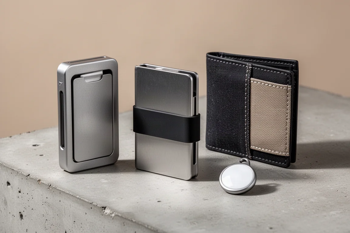 Three aluminum AirTag wallets and a small tracking tag on a concrete surface