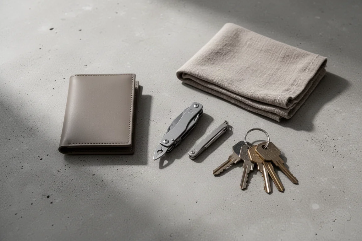 Flat-lay di essenziali da everyday carry tra cui un portafoglio, chiavi e piccoli attrezzi sul cemento