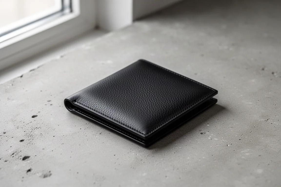 Slim leather minimalist wallet lying closed on a concrete surface