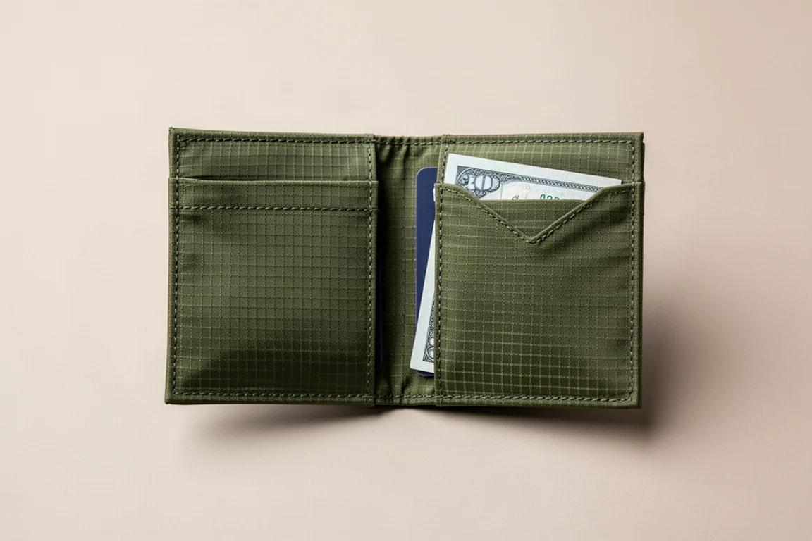 Olive green ripstop fabric wallet open showing interior card pockets