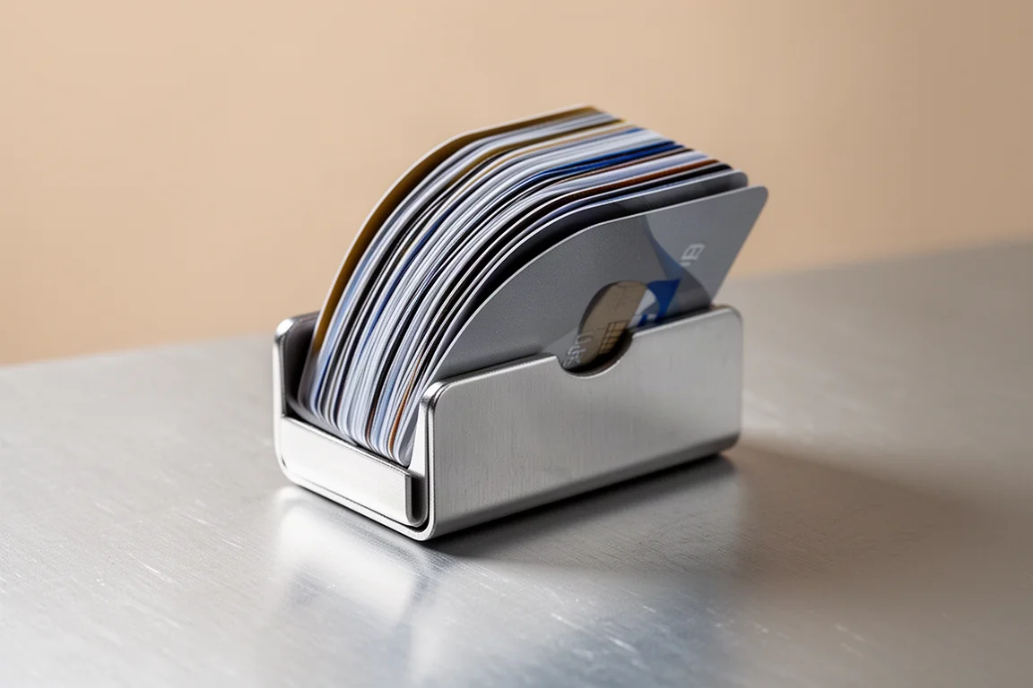 Metal card holder fanning a set of cards upward