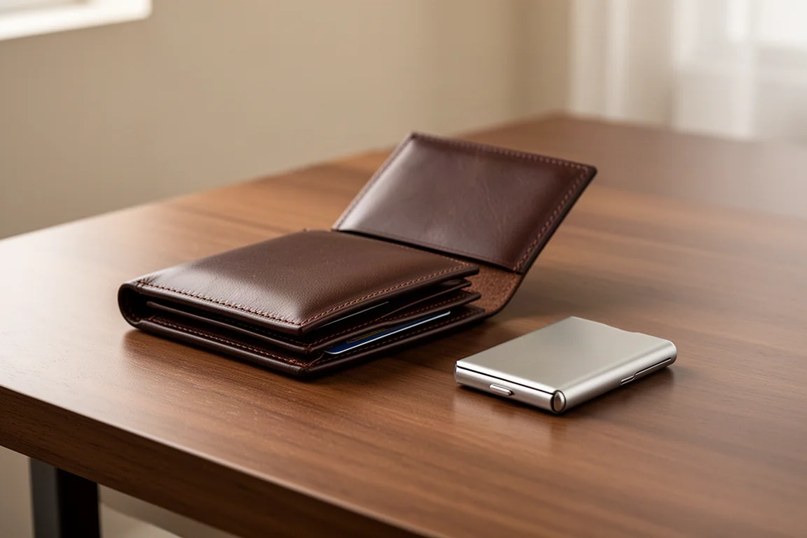 Leather bifold sleeve wallet paired with a metal card holder