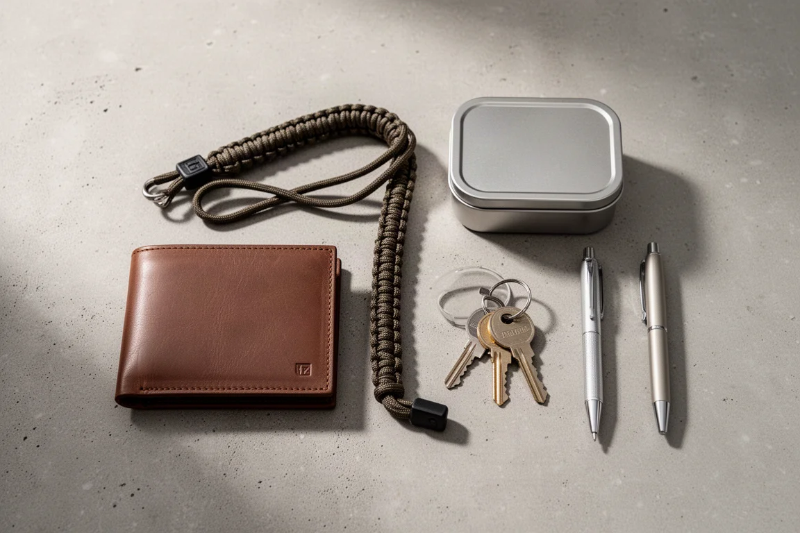 水泥地上的日常携带平铺图,包括钱包、钥匙和小型 EDC 物品