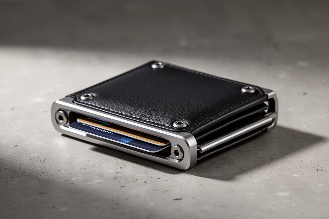 Horizontal bifold wallet with aluminum frame and leather panels partially open