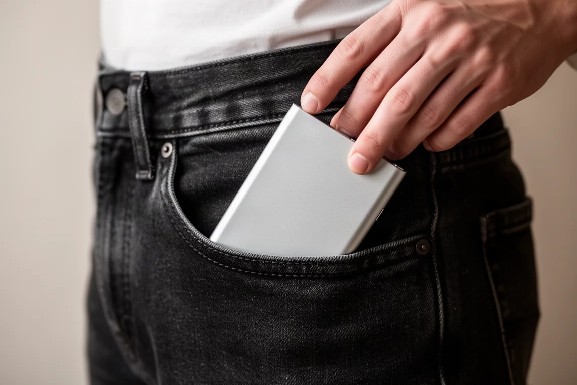 Slim aluminum wallet sliding into a jacket pocket