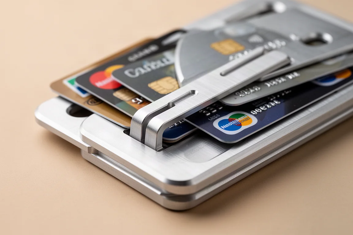 Cards being inserted under the retention tabs of an aluminum wallet