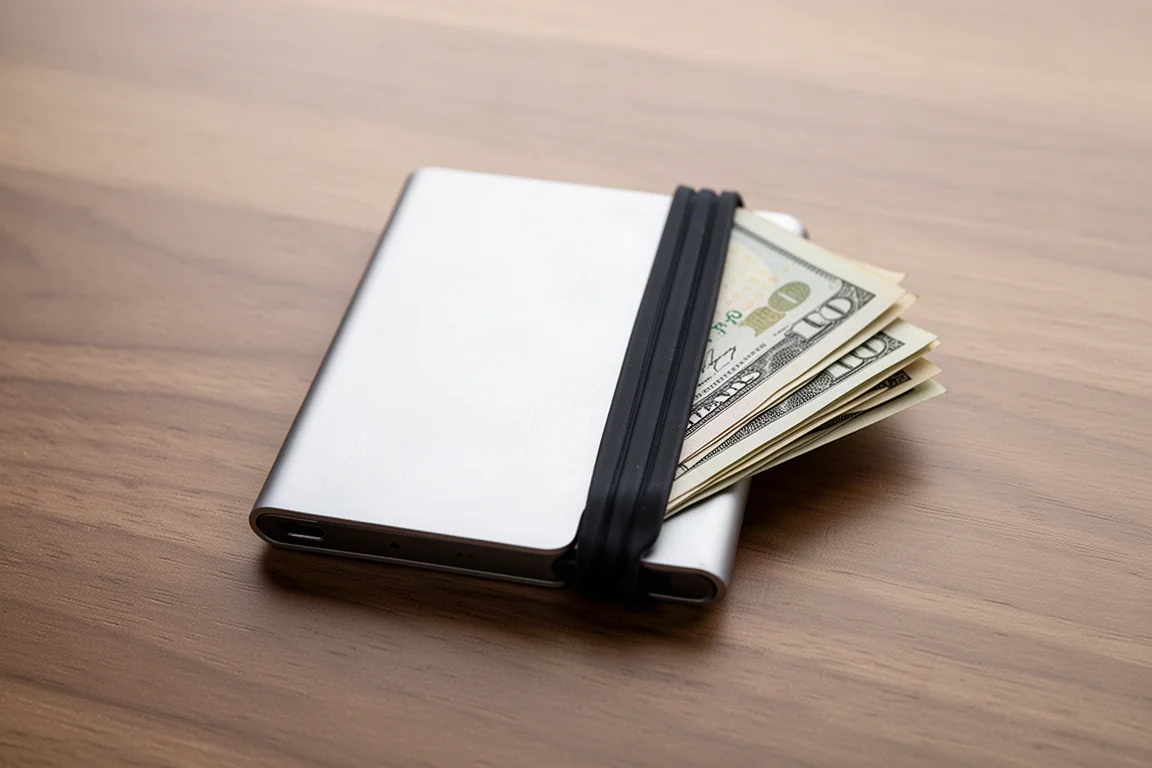 Aluminum wallet with silicone band holding folded cash
