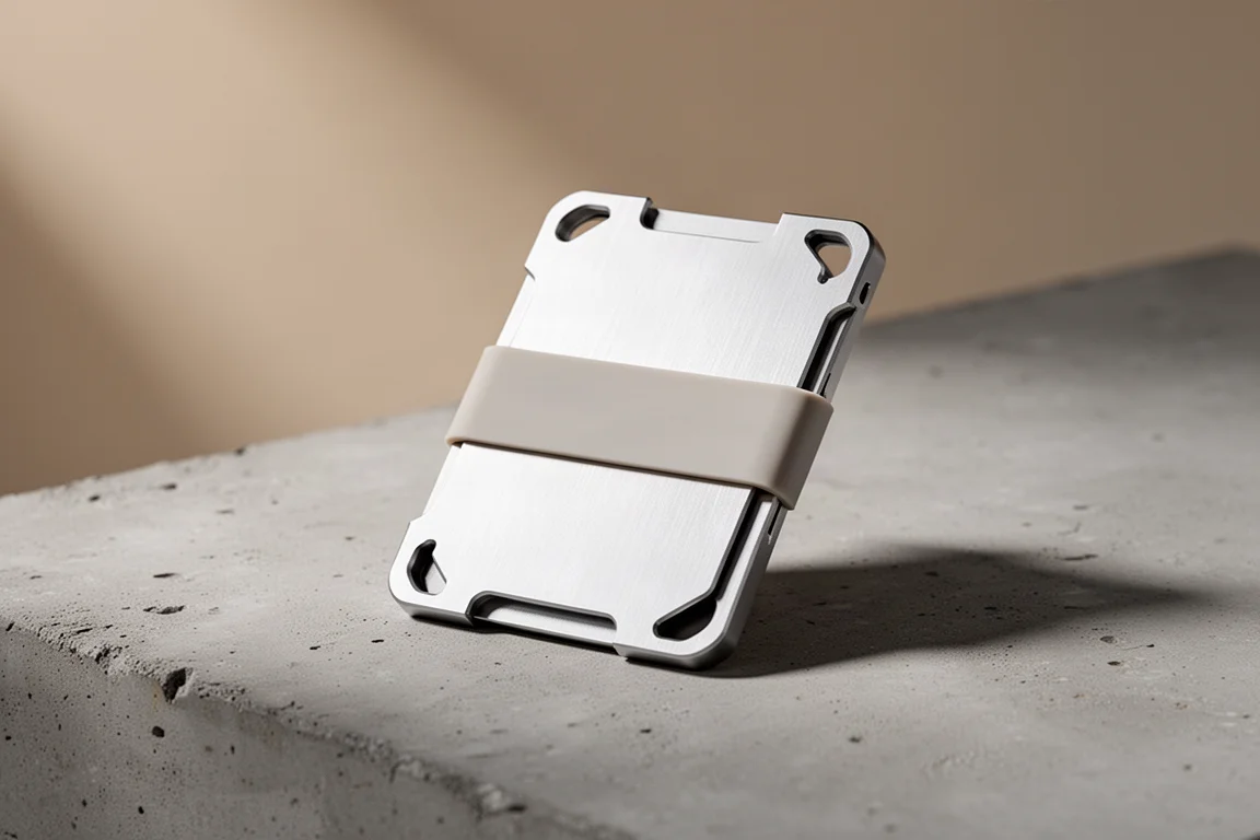 Slim CNC'd aluminum wallet with silicone band on concrete surface