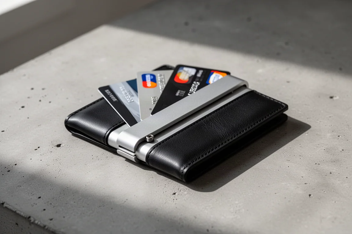 Schlanke Brieftasche aus Aluminium und Leder auf einer Betonoberfläche, mit Karten, die oben fächerförmig herausragen