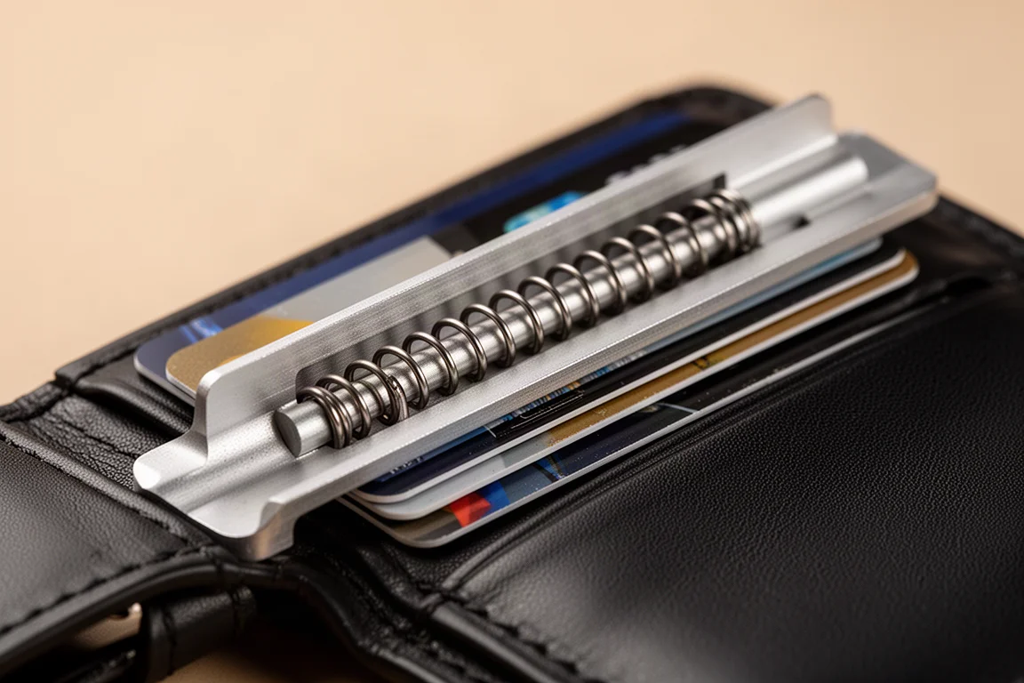 Nahaufnahme der federbelasteten Kartenschiene, die Karten in einer Brieftasche festhält