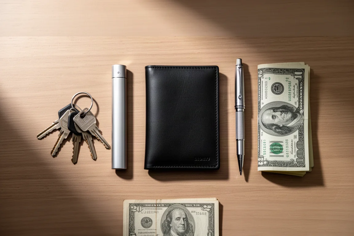 Brieftasche und Everyday-Carry-Gegenstände, in weichem Licht auf einem Holzschreibtisch arrangiert