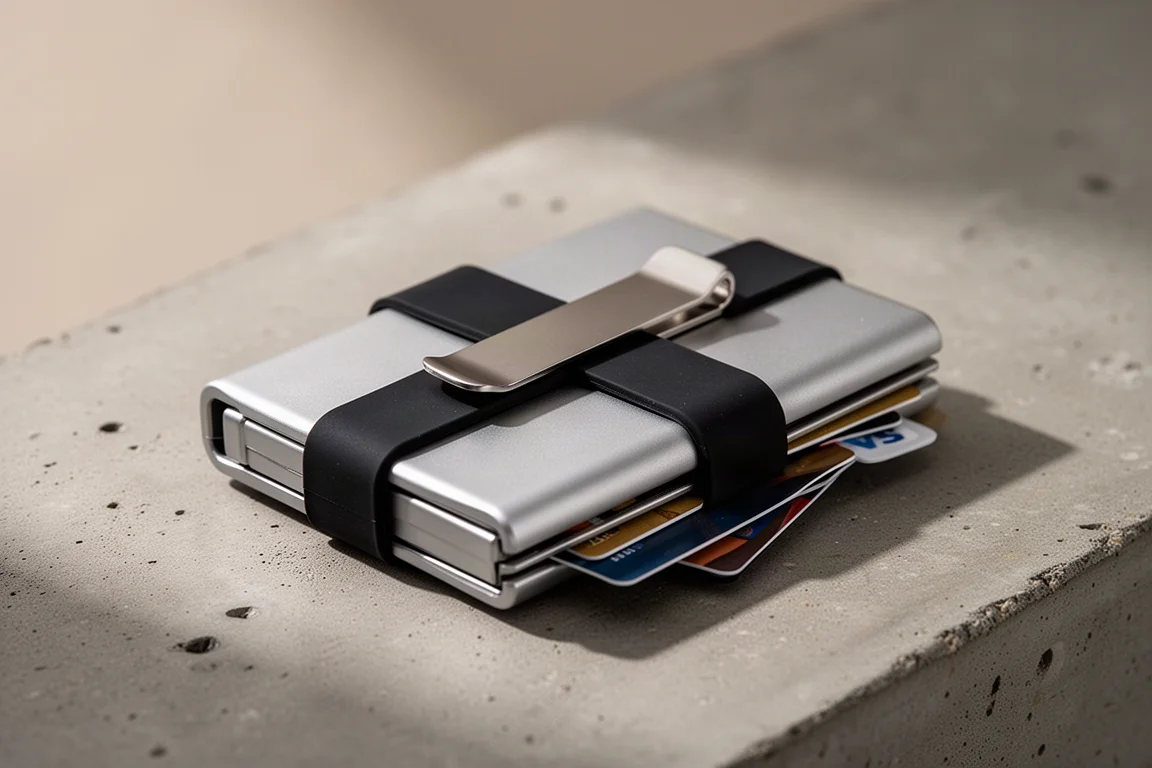 Billetera equipada con una banda de silicona y clip de bolsillo que lleva tarjetas adicionales