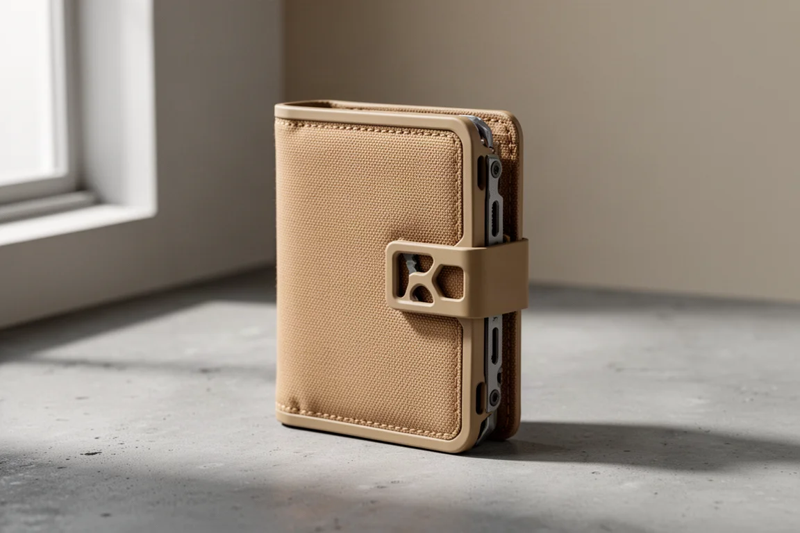 Desert tan aluminum bifold wallet with multi-tool clasp on concrete surface