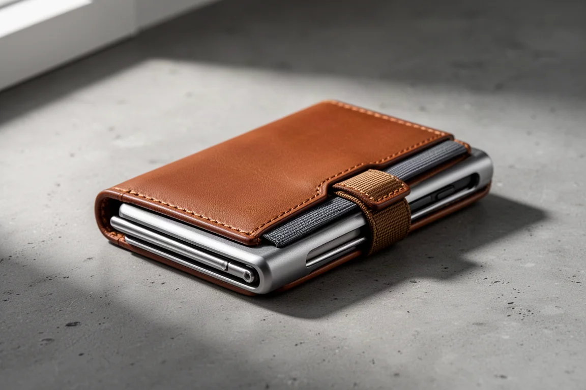 Portafoglio ibrido Dango M4 Bifold con telaio in alluminio e bifold in pelle su cemento