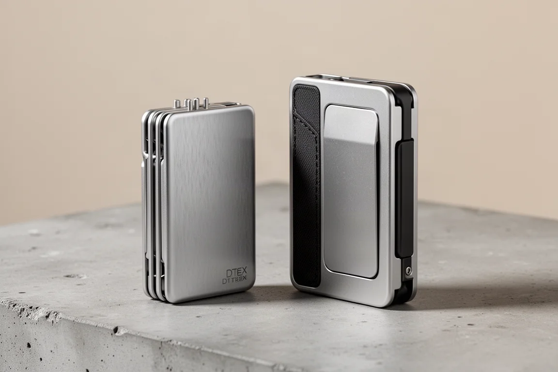 Dango M4 e M1 Maverick Rail Wallet affiancati su una superficie di cemento