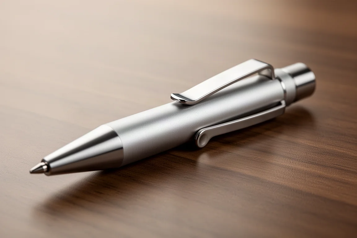 Gros plan sur un corps de stylo en aluminium anodisé avec un clip de poche en acier inoxydable