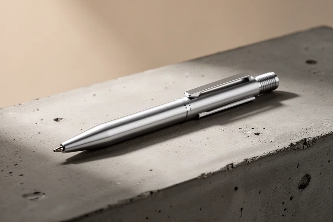 Stylo en aluminium usiné avec son capuchon vissé à l'arrière pour l'écriture
