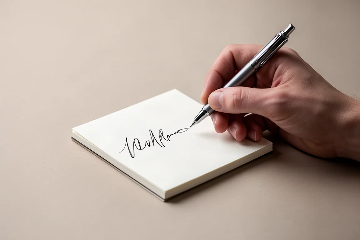 Une personne écrit sans effort sur un bloc-notes avec un stylo métallique compact sous une lumière froide