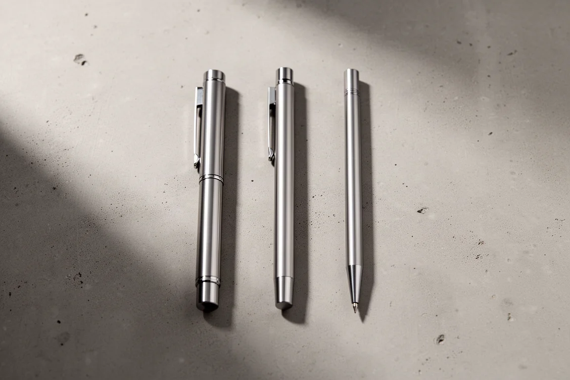 Trois instruments d'écriture métalliques de tailles différentes alignés côte à côte sur un bureau