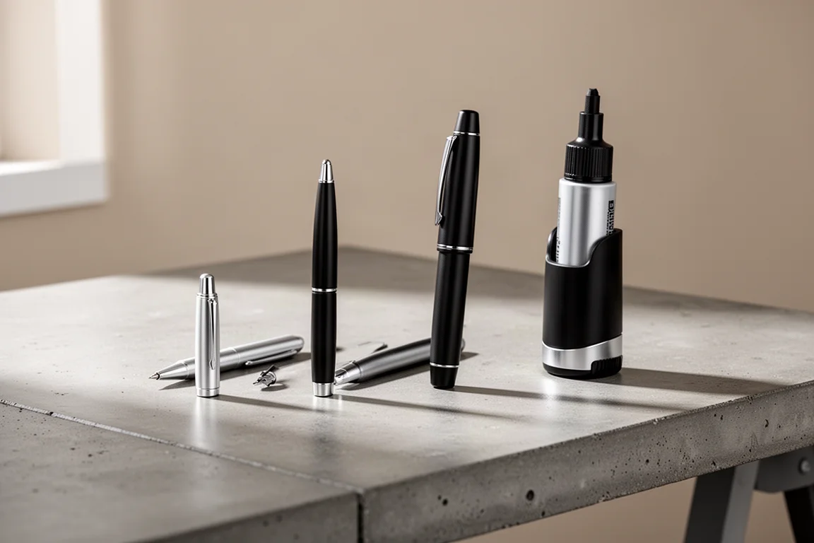 Three machined aluminum writing tools lined up on a concrete desk
