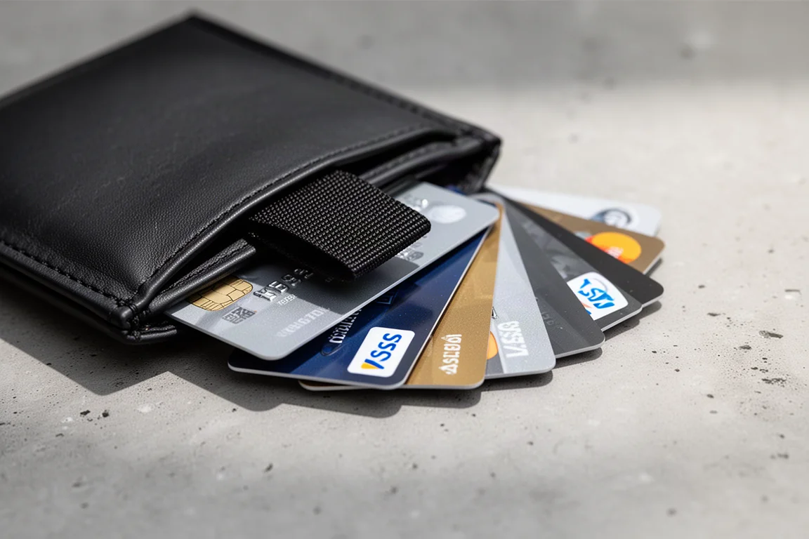 Klepzak van portemonnee wordt waaiervormig opengetrokken om meerdere creditcards te laten zien
