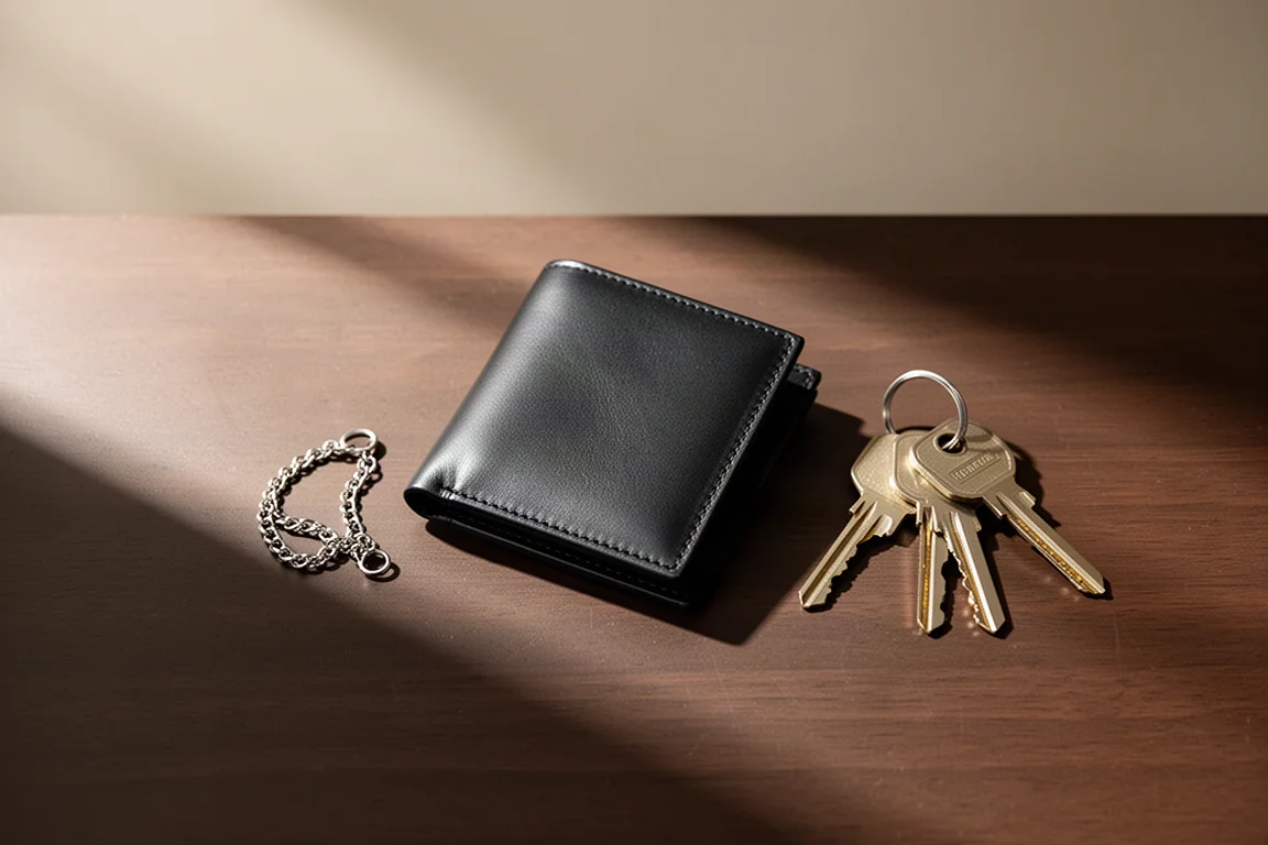 Compacte portemonnee op een bureau naast sleutels en een ketting in een dagelijkse carry-scène