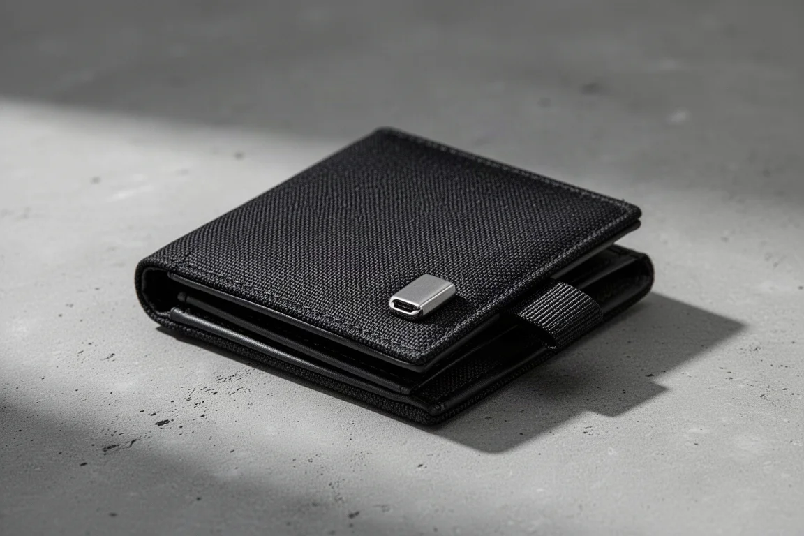 Closed compact black bifold wallet with a stainless steel clasp on a concrete surface